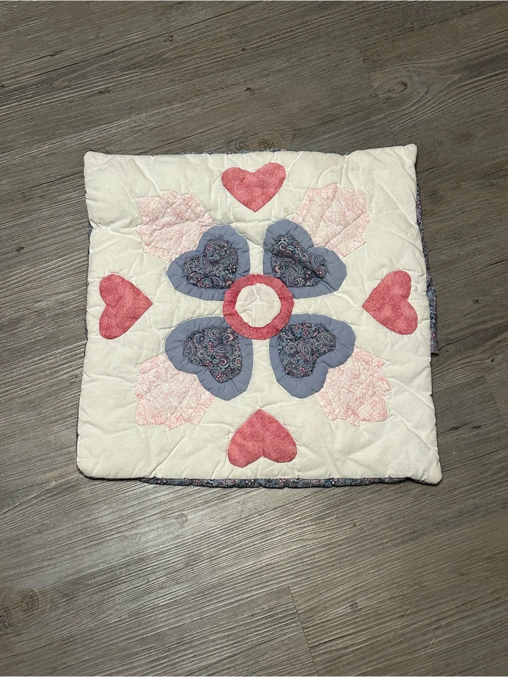 Patchwork Heart & Floral Quilt Pillow Cover - Pink, Blue, Cream 16”